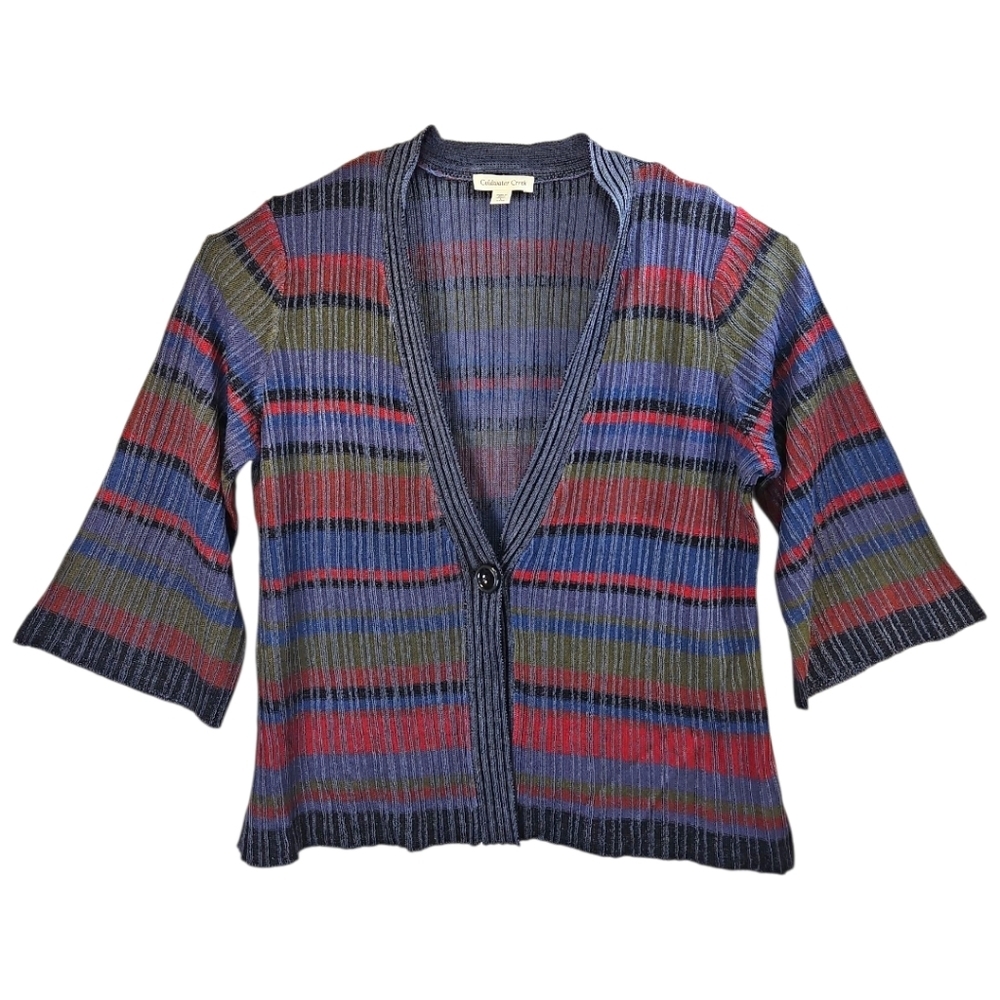 Coldwater Creek 3/4 Bell Sleeve Dnim Striped Cardigan Sweater Size L